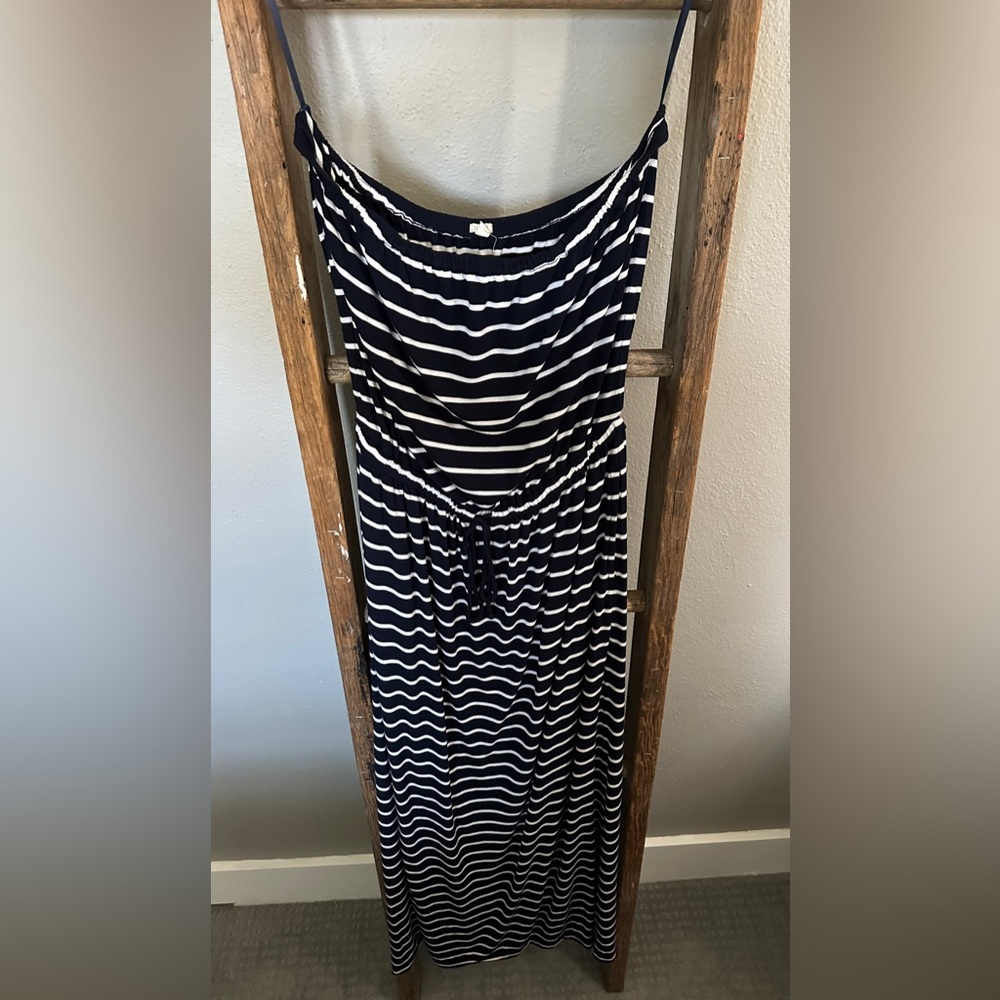 J.Crew Navy & White Striped Sleeveless Tie Waist Maxi Dress w/ Pockets
